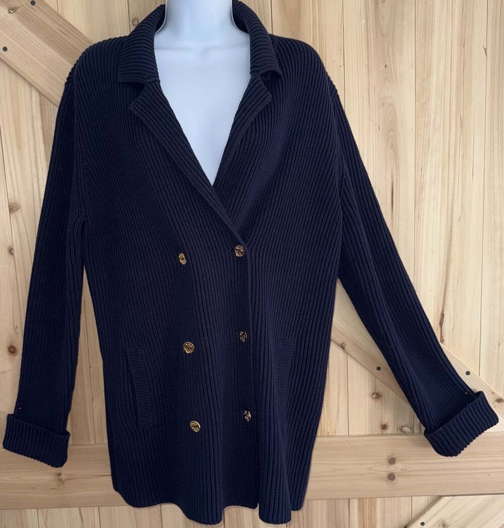 Ralph Lauren Ribbed Navy Double Breasted Gold Button Nautical Cardigan Blazer M
